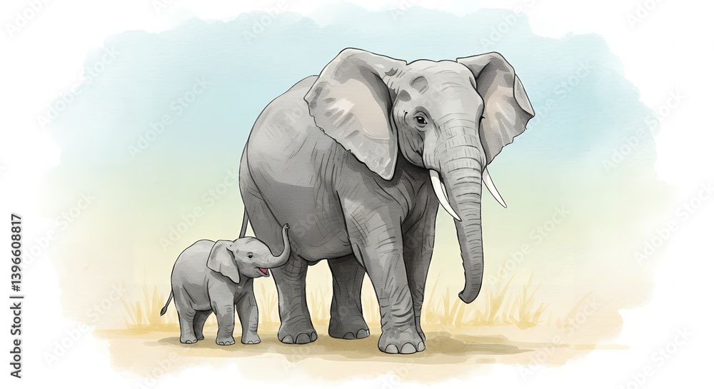 Fototapeta premium Elephant Family Illustration Mother and Calf Standing Together in the Wild