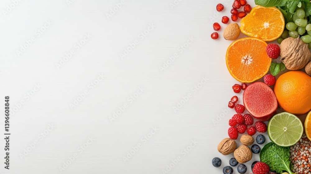 Vibrant Fruits and Nuts on White Background