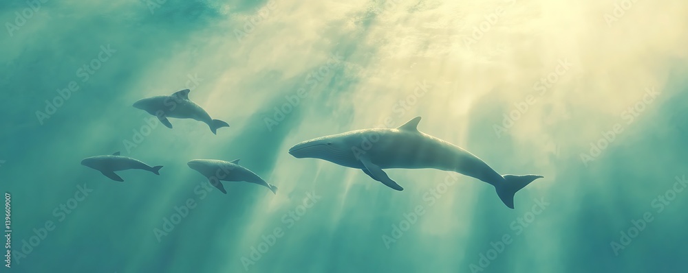 Pod of dolphins swimming freely in the sea lit by sunlight in the background for marine life articles Pod of dolphins swimming freely in the sea lit by sunlight in the background for marine life articles