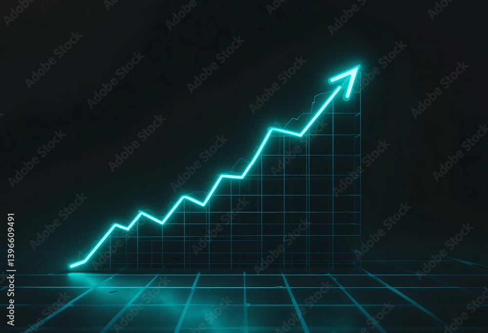 Luminous Blue Line Graph Steadily Rises Upward Against A Dark Background With A Subtle Grid Pattern, Market Growth, Financial Analytics Luminous Blue Line Graph Steadily Rises Upward Against A Dark Background With A Subtle Grid Pattern, Market Growth, Financial Analytics