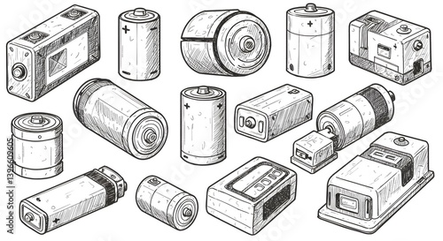 Sketched battery collection showcasing diverse shapes and sizes, detailed line work