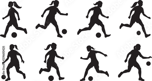 Collection of female soccer player silhouette vector. Soccer football plyer silhouette. Player running, kicking football silhouette