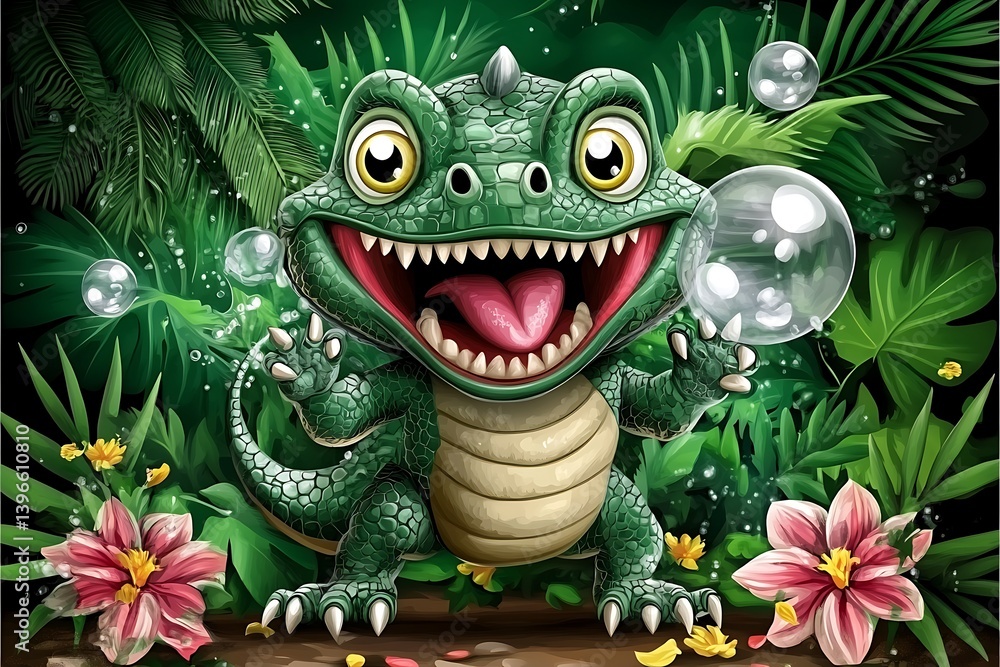 A happy cartoon dinosaur playing with bubbles in a jungle scene A happy cartoon dinosaur playing with bubbles in a jungle scene