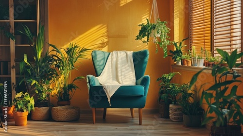 A vibrant, plant-filled room features a teal armchair draped with a white throw, bathed in warm sunlight streaming through blinds. Cozy and inviting