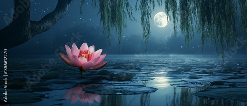 Pink lotus flower floats on water under moonlight in a dark setting.