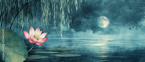 Lotus flower and leaves with moonlight reflecting on water in a serene landscape.
