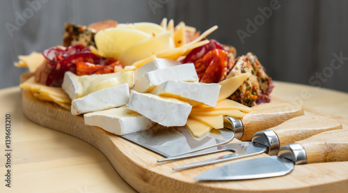 Wooden charcuterie cheese board holiday present idea. Snack starter plate for dinner with wine. Italian appetizers or antipasto set with gourmet food. Buffet party concept