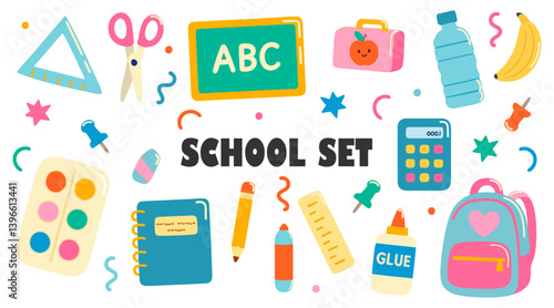 Colorful school supplies set in trendy flat style isolated on white background. Perfect for educational materials, back to school designs and kids learning projects