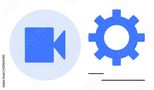 Blue video camera icon and gear symbol in minimal style, representing video settings and adjustments. Ideal for editing, video production, filmmaking, creativity, tutorials, media training. Flat