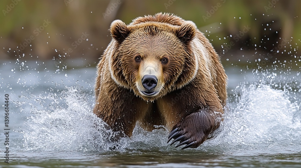 A brown bear aggressively moving through water. A brown bear aggressively moving through water.