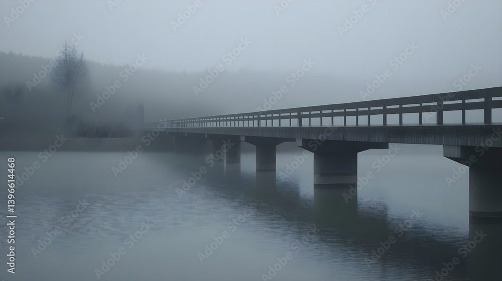 Fototapeta premium Ethereal Bridge Stretching Into Dense Fog Over Calm Water