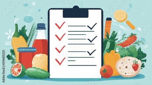 Illustration of a checklist with checkmarks and healthy food items
