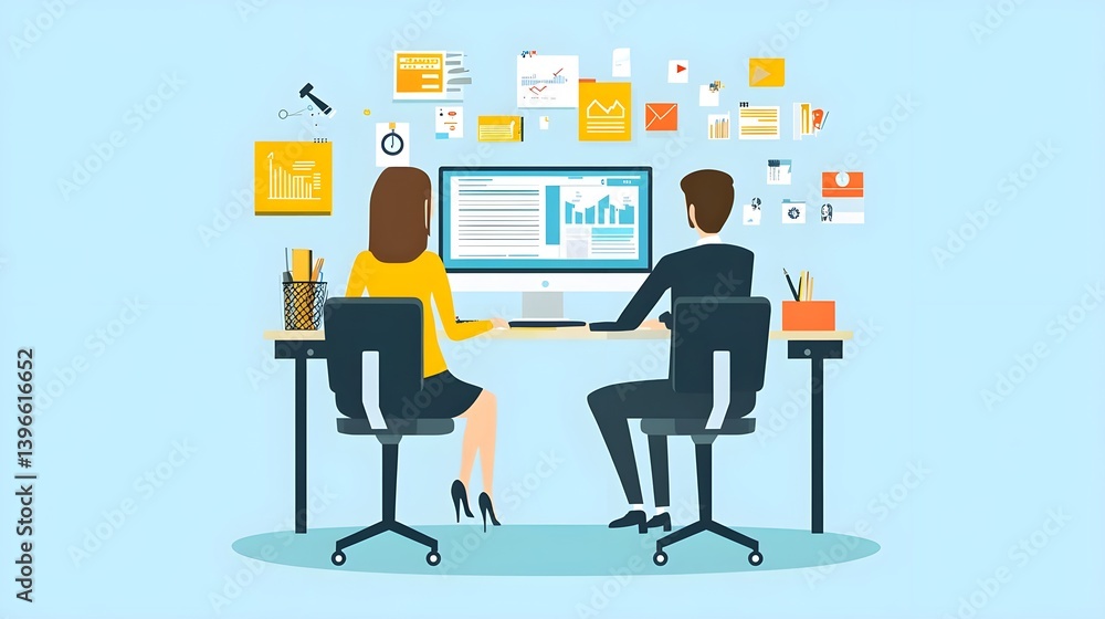 Business Meeting with Two Professionals Working at Computer Desk Business Meeting with Two Professionals Working at Computer Desk