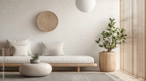 Minimalist living room with a neutral palette, featuring a low sofa, woven textures, and natural light filtering through bamboo blinds. Serene and inviting
