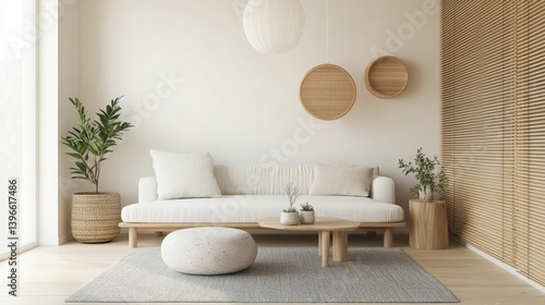 Minimalist living room with a light-toned sofa, wooden accents, and natural textures. Warm, inviting, and serene aesthetic