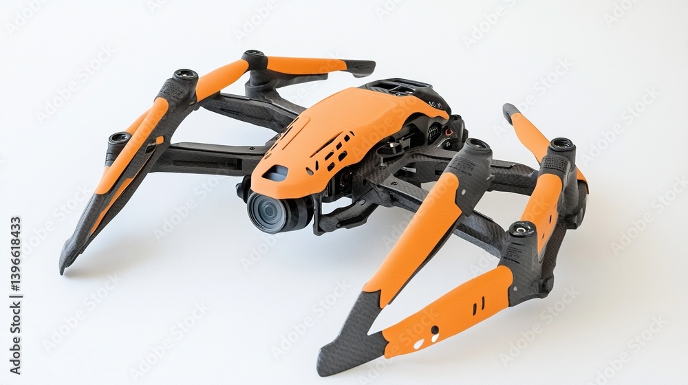 Orange drone with camera on white background. Orange drone with camera on white background.