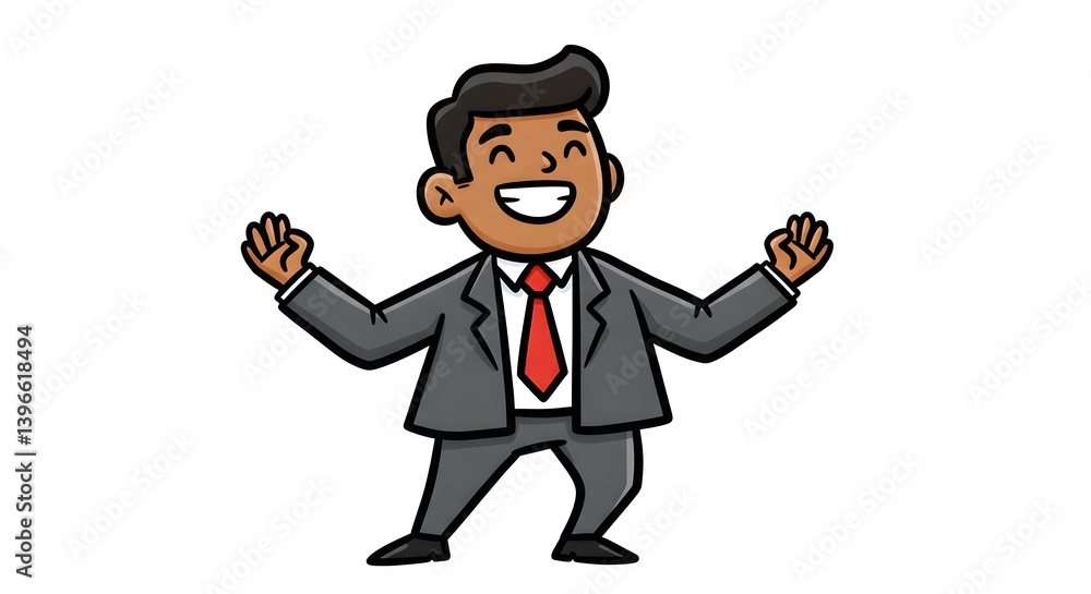 Happy cartoon businessman celebrating success with open arms gesture