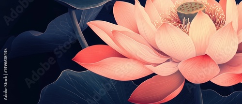 Close-up of a pink lotus flower with dark blue background and leaves.