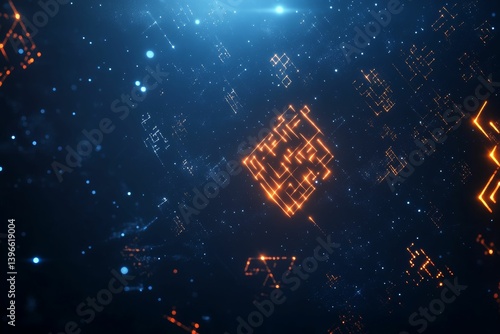 Abstract digital background with glowing diamond shapes and circuit board patterns.