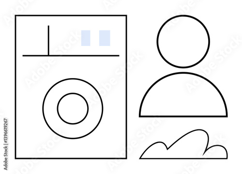 Abstract user profile representation with circular figure denoting person, rectangle with camera lens and photo placeholders. Ideal for identity, user interface, account creation, social media