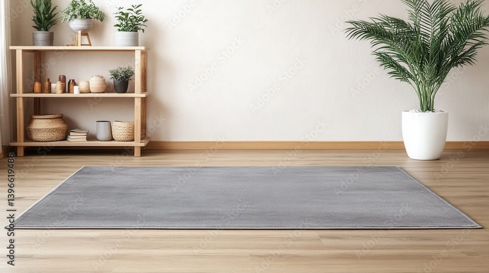 Minimalist interior with a gray area rug, a wooden bookshelf displaying decor, and a large potted plant against a white wall. Warm wood flooring completes the scene