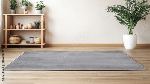 Obraz na płótnie Minimalist interior with a gray area rug, a wooden bookshelf displaying decor, and a large potted plant against a white wall. Warm wood flooring completes the scene w salonie