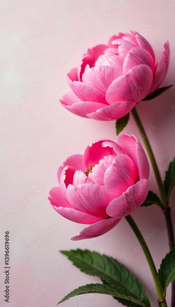Fototapeta premium Bright pink peony flowers in full bloom on a soft pastel background, pink, bloom, soft
