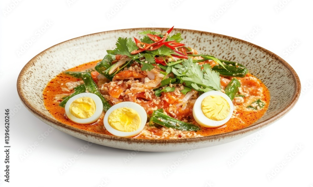Spicy seafood salad with eggs, served on a plate, white background; food photography for menus Spicy seafood salad with eggs, served on a plate, white background; food photography for menus