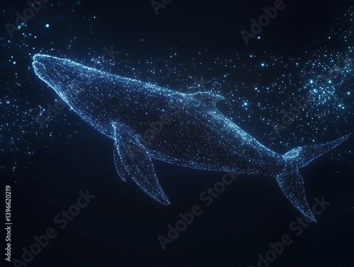 Whale swims in starlit space with twinkling particles. Use for sci-fi marine environment concept