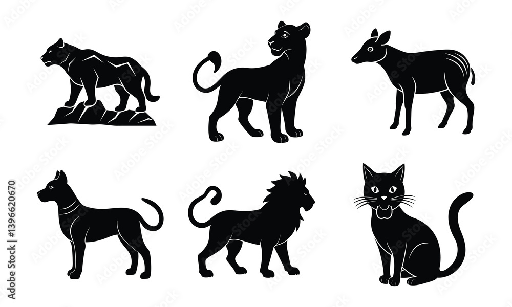 Obraz premium A Set Of Animal Bundles Vector Illustrator | Wildlife, Farm, Pet, and Zoo Animal Clipart Set | Hand-Drawn Animal Silhouettes for Creative Projects.