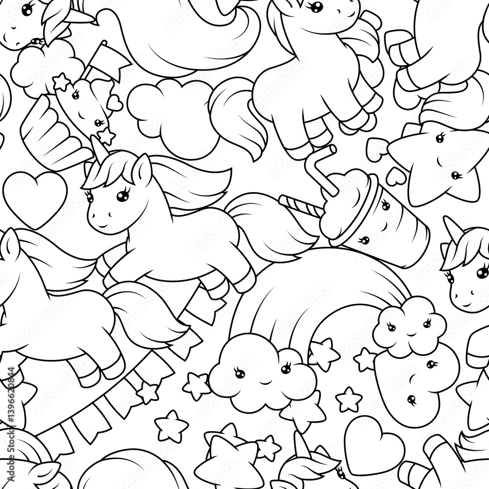 Pattern with unicorns. Happy birthday party background.