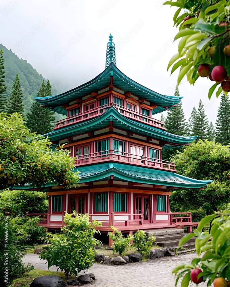 Vibrant pagoda nestled in lush green foliage, mountains in background Vibrant pagoda nestled in lush green foliage, mountains in background