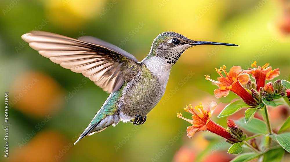 Fototapeta premium A hummingbird in flight, hovering near vibrant orange flowers.