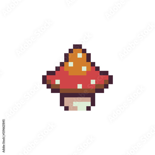 Fly agaric mushroom pixel art icon vector illustration. Mushroom element design for stickers, logo, mobile app. Video game assets 80s 8-bit.
