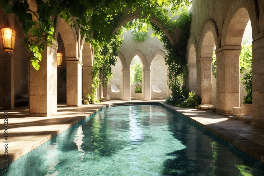 Fototapeta premium Tranquil indoor swimming pool in ancient cloister reflecting sunlight