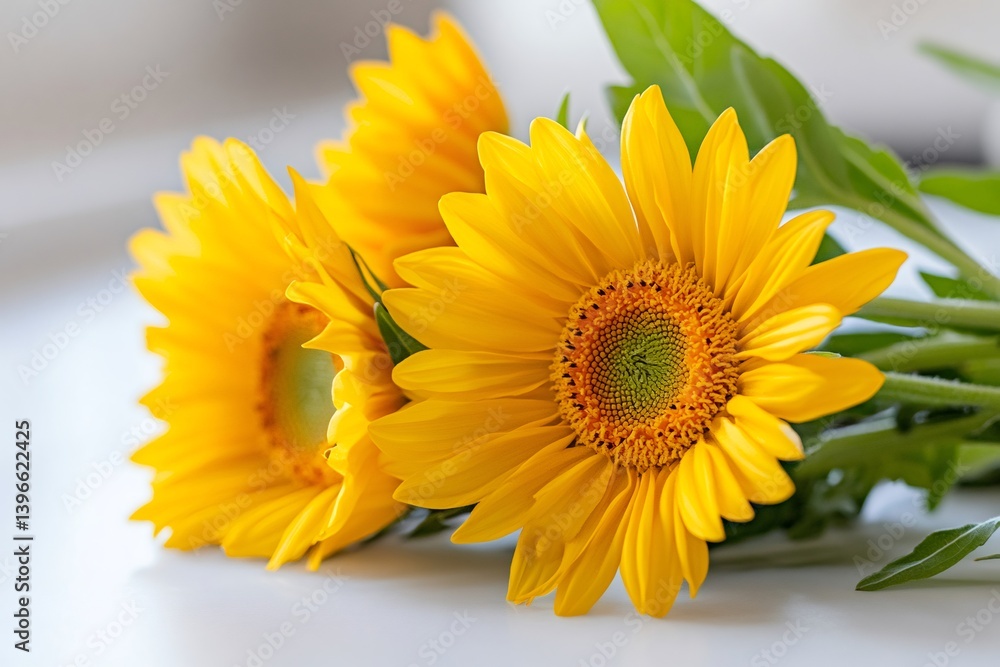 Obraz premium Vibrant yellow sunflowers resting on a white surface