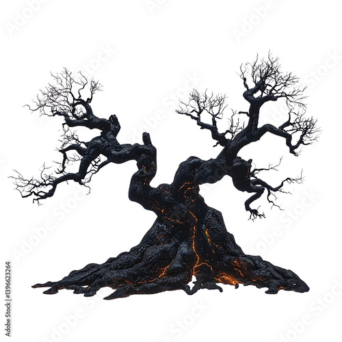 Ancient Volcanic Tree Glowing Embers Dark Branches Mysterious Forest