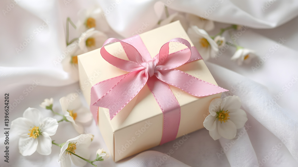 Charming pastel gift box adorned with a pink ribbon, surrounded by delicate flowers and fabric Charming pastel gift box adorned with a pink ribbon, surrounded by delicate flowers and fabric