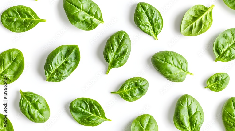 Fresh Spinach Leaves Pattern on White Background for Culinary Use Fresh Spinach Leaves Pattern on White Background for Culinary Use