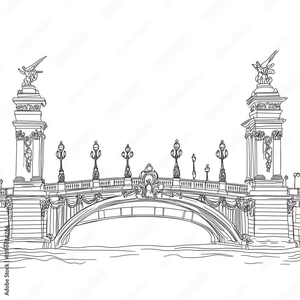 Fototapeta premium Line drawing of an elegant bridge with ornate details and sculptures.