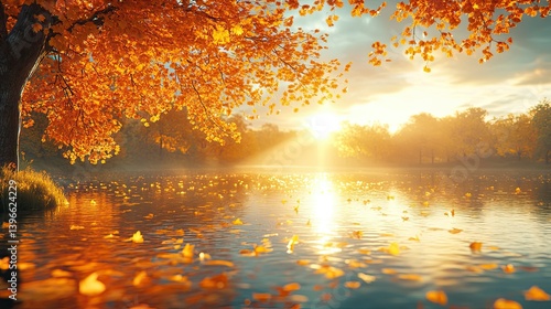 Autumnal sunrise over a serene lake with golden leaves.
