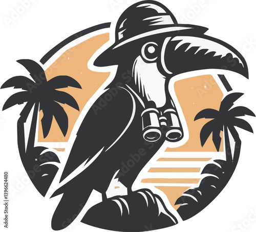 Tropical Island with Palm Trees and Sunset Beach vector toco toucan ilustration