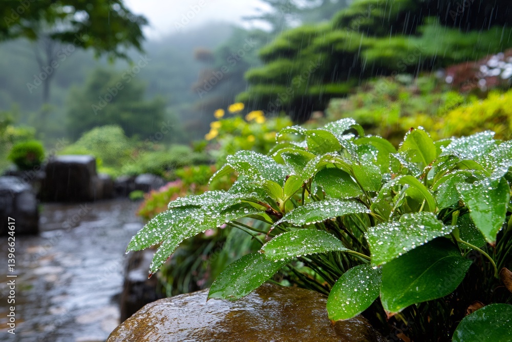 Rain falling on green leaves in japanese garden Rain falling on green leaves in japanese garden