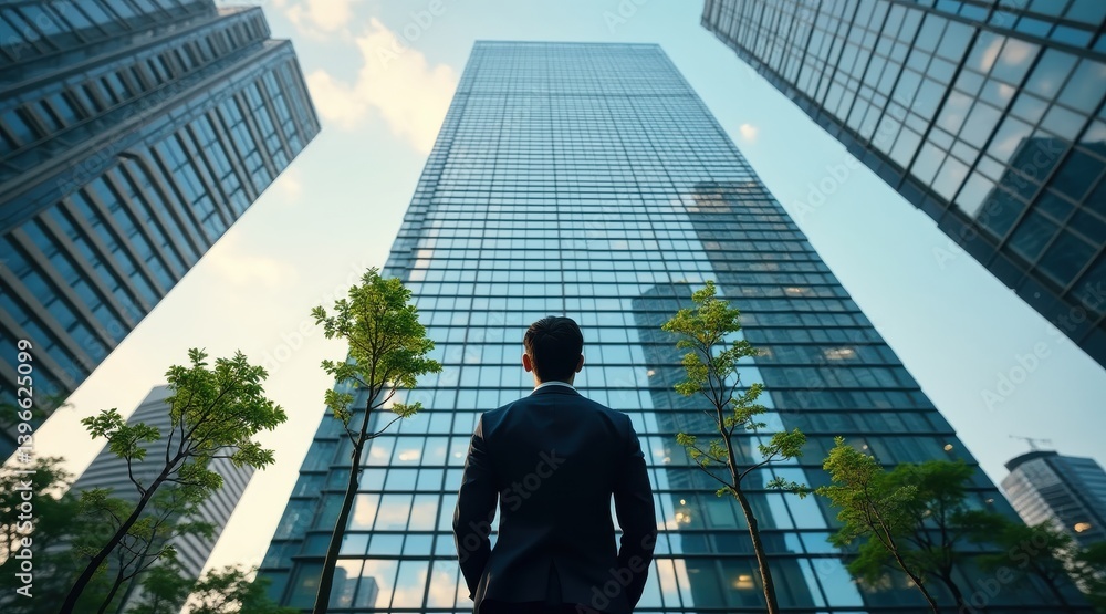 Fototapeta premium A businessman stands in front of towering skyscrapers, surrounded by greenery, reflecting ambition and modern urban life.