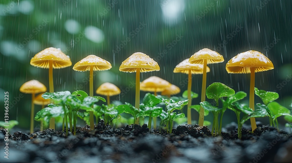 Yellow mushrooms in the rain, amidst lush greenery. Yellow mushrooms in the rain, amidst lush greenery.