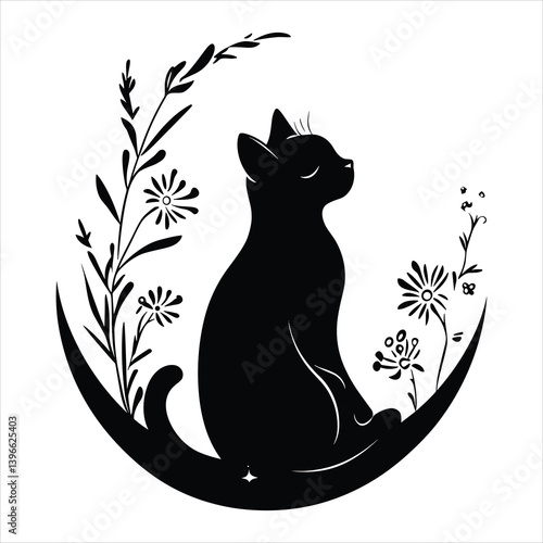 A black cat sits on a moon with stars and a black cat