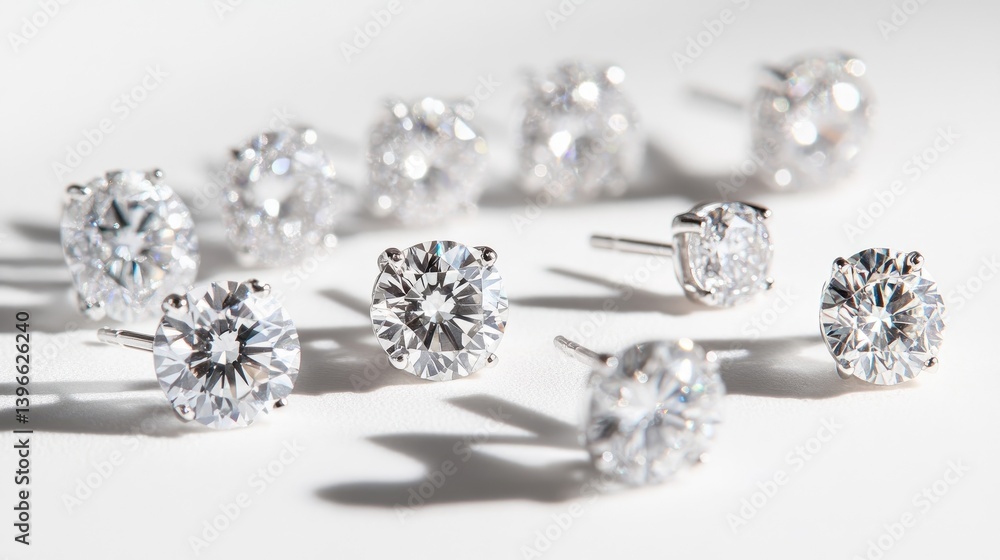An elegant display of an assortment of diamond earrings, including studs and drop earrings, set against a crisp white backdrop to highlight their sparkle. An elegant display of an assortment of diamond earrings, including studs and drop earrings, set against a crisp white backdrop to highlight their sparkle.