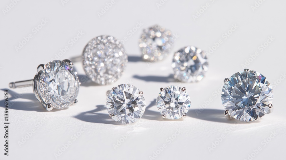An elegant display of an assortment of diamond earrings, including studs and drop earrings, set against a crisp white backdrop to highlight their sparkle. An elegant display of an assortment of diamond earrings, including studs and drop earrings, set against a crisp white backdrop to highlight their sparkle.