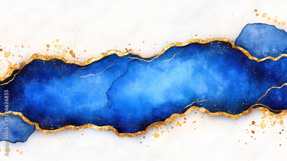 Vibrant Abstract Watercolor Paint Background in Yellow and Blue with Golden Lines and Marbled Paper Texture, Fluid Banner Texture