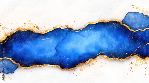 Obraz na płótnie Vibrant Abstract Watercolor Paint Background in Yellow and Blue with Golden Lines and Marbled Paper Texture, Fluid Banner Texture w salonie